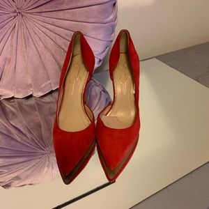 Red suede pumps by Jessica Simpson